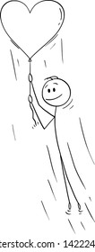 Vector cartoon stick figure drawing conceptual illustration of man in love holding rope big flying inflatable heart balloon.