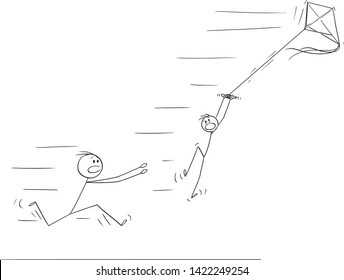 Vector cartoon stick figure drawing conceptual illustration of boy flying kite and flying away in strong wind. Father is running to save him.