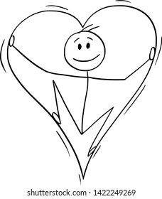 Vector cartoon stick figure drawing conceptual illustration of man in love inside of big heart.