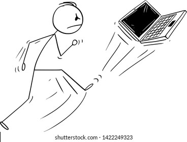 Vector cartoon stick figure drawing conceptual illustration of angry man kicking out the portable computer or laptop or notebook. Broken technology concept.