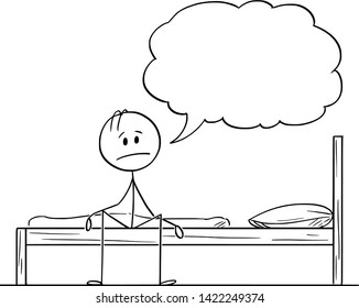 Figura de palo de dibujos animados de Vector dibujando ilustración conceptual de hombre cansado, frustrado, triste o deprimido sentado en la cama y diciendo algo con un globo de texto vacío o una burbuja por encima.