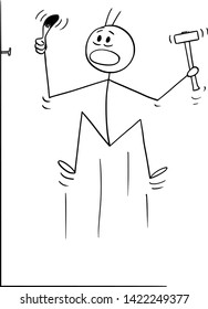 Vector cartoon stick figure drawing conceptual illustration of man who hit is finger or thumb while hammering, driving or knocking a nail.