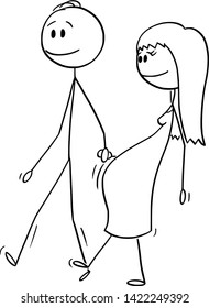 Vector cartoon stick figure drawing conceptual illustration of couple of man and pregnant woman walking together and holding hands.