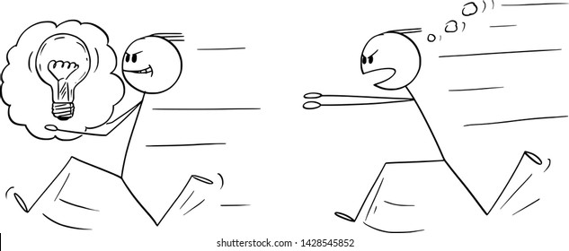 Vector cartoon stick figure drawing conceptual illustration of businessman stealing an idea to another man or competitor and running with, author is chasing him. Concept of plagiarism and intellectual