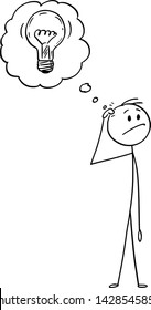 Vector cartoon stick figure drawing conceptual illustration of man thinking about problem and just got an idea. Man and balloon with light bulb.