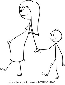 Vector cartoon stick figure drawing conceptual illustration of pregnant woman or mom or mother together with small boy or son. They are walking and holding hands.