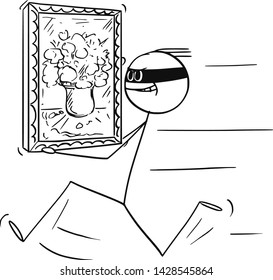 Vector Cartoon Stick Figure Drawing Conceptual Illustration Of Thief Running With Stolen Painting From Museum, Art Gallery Or House.