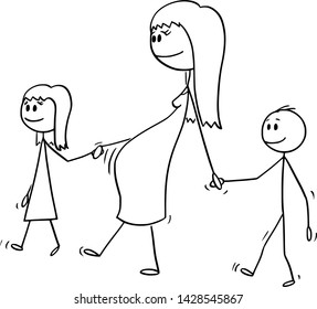 Vector cartoon stick figure drawing conceptual illustration of pregnant woman or mom or mother together with small girl and boy or daughter and son. They are walking and holding hands.