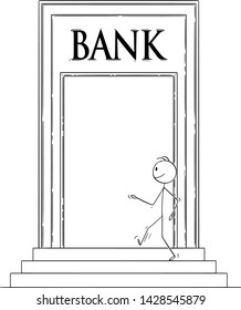 Vector cartoon stick figure drawing conceptual illustration of confident man or businessman walking through big door and entering bank building.