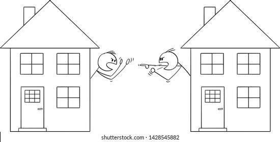 Vector cartoon stick figure drawing conceptual illustration of two men or neighbors looking from window of family houses and arguing or having fight.