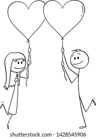 Vector cartoon stick figure drawing conceptual illustration of heterosexual couple of man and woman on date holding heart shaped balloons and smiling.