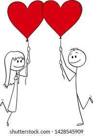 Vector cartoon stick figure drawing conceptual illustration of heterosexual couple of man and woman on date holding red heart shaped balloons and smiling.