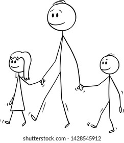 Vector cartoon stick figure drawing conceptual illustration of man o father or dad together with small girl and boy or daughter and son. They are walking and holding hands.