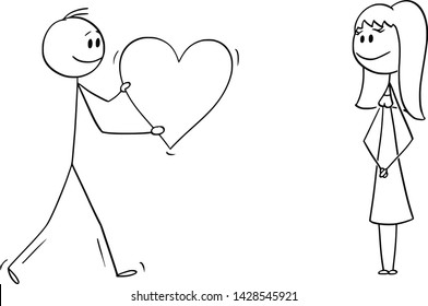 Vector cartoon stick figure drawing conceptual illustration of man or boy giving bog romantic heart to girl or woman on date. Declaration or confession of love.