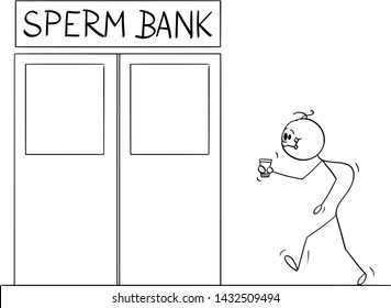 Vector cartoon stick figure drawing conceptual illustration of ugly and deformed man walking in sperm bank with cup of sperm to test it or sell it.