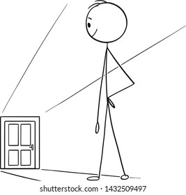 Vector cartoon stick figure drawing conceptual illustration of man or businessman watching door in far as opportunity or challenge metaphor.