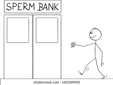 Vector cartoon stick figure drawing conceptual illustration of man walking in sperm bank with cup of sperm to test it or sell it.