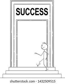 Vector cartoon stick figure drawing conceptual illustration of confident man or businessman walking through big door with Success sign and entering building as metaphor of future.