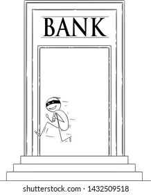 Vector Cartoon Stick Figure Drawing Conceptual Illustration Of Robber Or Man In Mask Running Away From Bank Building With Stolen Bag Of Dollars Or Cash Money.