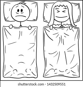 Vector cartoon stick figure drawing conceptual illustration of couple lying in bed, woman is sleeping, man can't sleep, thinking about problem or suffering insomnia.