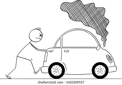 Vector cartoon stick figure drawing conceptual illustration of man pushing broken car with smoke coming from the engine.