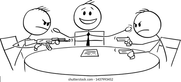 Vector cartoon stick figure drawing conceptual illustration of political debate in television with two aggressive armed guests or opponents with guns and smiling host or presenter.