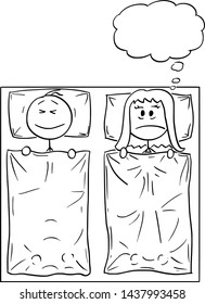 Vector cartoon stick figure drawing conceptual illustration of couple lying in bed, man is sleeping, woman can't sleep, thinking about problem or suffering insomnia.