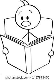 Vector cartoon stick figure drawing conceptual illustration of shocked or frightened man reading shocking or scary book.