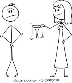 Vector cartoon stick figure drawing conceptual illustration of naked man hiding his genitals or crotch, and smiling woman offering or giving him shorts or boxers to cover or dress yourself.