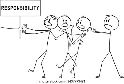 Vector Cartoon Stick Figure Drawing Conceptual Illustration Of Man Or Businessman Or Manager Accusing Rest Of The Team From Failure Responsibility.