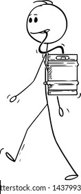 Vector cartoon stick figure drawing conceptual illustration of man walking with beer barrel or keg on his back, with straw or tube to his mouth as summer refreshment.