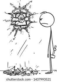Vector cartoon stick figure drawing conceptual illustration of clumsy angry man, who destroyed the wall or plaster while tried to hammer or knock a nail or hook in to wall.