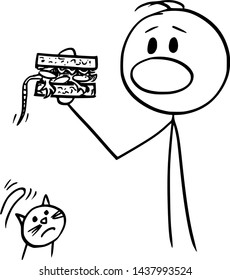Vector cartoon stick figure drawing conceptual illustration of man eating sandwich accidentally with mouse inside, unhappy cat is watching him.