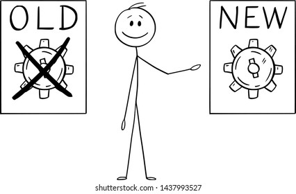 Vector cartoon stick figure drawing conceptual illustration of man or businessman showing old and new as concept of innovation which is same as original solution.