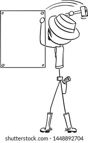 Vector cartoon stick figure drawing conceptual illustration of western cowboy or sheriff nailing empty criminal wanted poster.