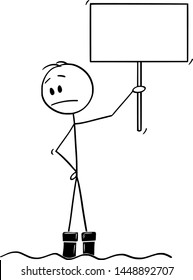 Vector cartoon stick figure drawing conceptual illustration of man standing with empty sign in water flood and watching with concern how the water continue to rise.