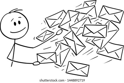 Vector cartoon stick figure drawing conceptual illustration of postman, man or businessman sending post or mail envelopes.