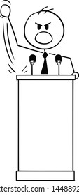 Vector cartoon stick figure drawing conceptual illustration of rude aggressive man or politician speaking or having speech to public or followers on podium or behind lectern.