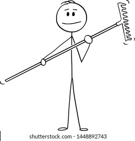 Vector cartoon stick figure drawing conceptual illustration of man or farmer or gardener holding rake.