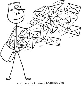 Vector cartoon stick figure drawing conceptual illustration of postman sending post or mail envelopes.