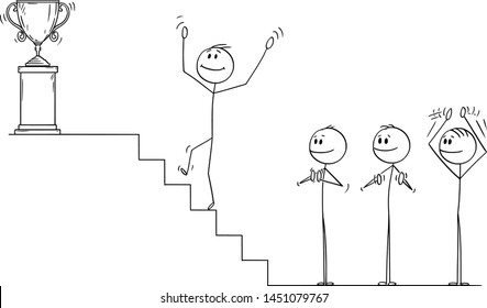 Vector Cartoon Stick Figure Drawing Conceptual Illustration Of Businessman Climbing Up The Stairs For The Winner's Trophy, While Business Team Is Applauding And Clapping.