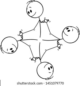 Vector cartoon stick figure drawing conceptual illustration of circular element of four men drawing each other with pencil creating endless circle.