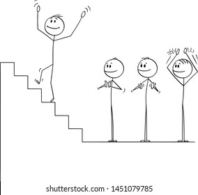 Vector Cartoon Stick Figure Drawing Conceptual Illustration Of Businessman Climbing Up The Stairs To Fall Down To Abyss, While Business Team Is Applauding And Clapping.