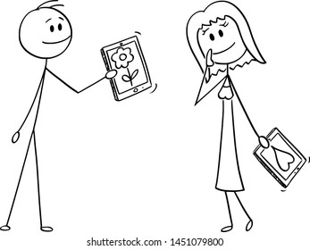 Vector cartoon stick figure drawing conceptual illustration of couple of man and woman on date, man os giving her flower on mobile device, tablet or cell phone.