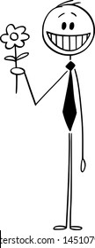 Vector cartoon stick figure drawing conceptual illustration of smiling and happy man with flower.