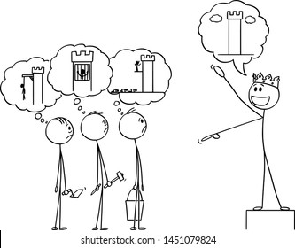 Vector cartoon stick figure drawing conceptual illustration of king speaking about the great building to build, workers thinking about as tool of oppression against them.
