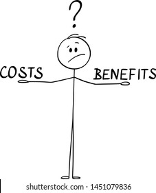 Vector cartoon stick figure drawing conceptual illustration of man or businessman balancing costs and benefits on his hands and thinking about.