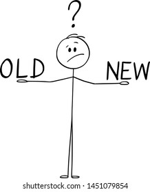 Vector cartoon stick figure drawing conceptual illustration of man or businessman balancing old and new on his hands and thinking about.