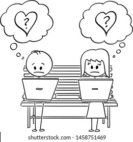 Vector cartoon stick figure drawing conceptual illustration of couple of man and woman sitting on park bench, both using computer and looking for love on social media but ignoring each other.