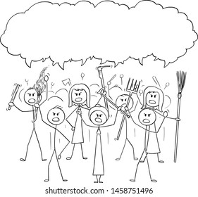 Vector Cartoon Stick Figure Drawing Conceptual Illustration Of Angry Mob Characters With Torch And Tools Like Pitchfork As Weapons. Empty Speech Bubble Ready For Your Text.